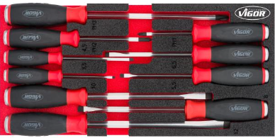[V5068] VIGOR Jeu de tournevis ∙ avec percuteur ∙ V5068 ∙ Profil à fente, Profil Phillips PH ∙ 10 pièces ∙ 0,6 x 3,5 – 2 x 12 · PH1 – PH3 ∙ Nombre d'outils : 10