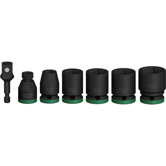 [2608003032] [⚠Déstockage] Set 7 pièces douille adaptable 40 mm, 13; 17; 19; 21; 24 mm, 2 adaptateurs