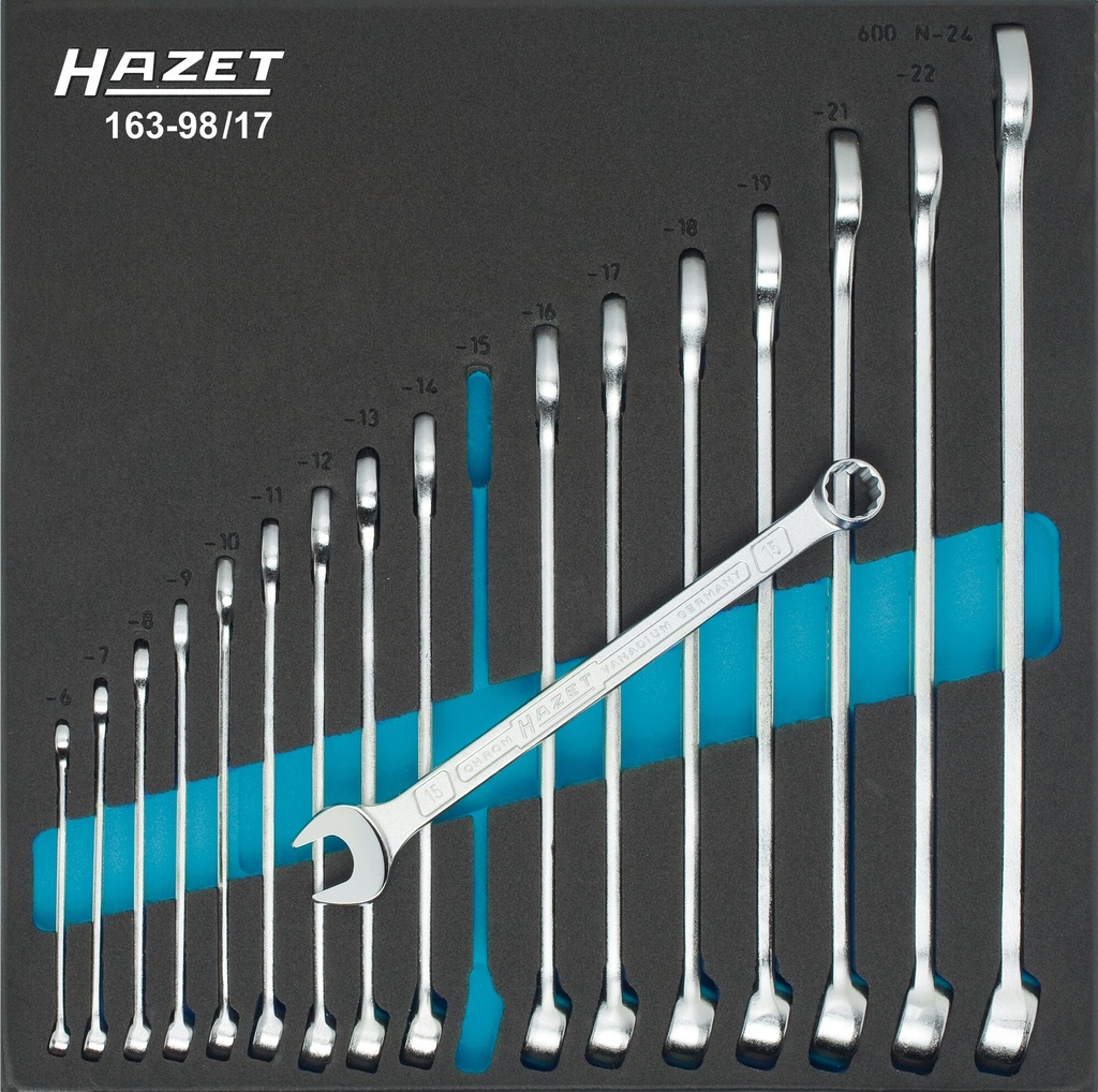 [163-98/17] HAZET Jeu de clés mixtes 163-98/17 ∙ Profil Traction à 12 pans extérieurs ∙ 17 pièces ∙ 6 – 24
