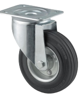 TENTE 3470DVR100P62 Roulette pivotante, Chape en acier embouti, Finition zinguée, Pivot sur double chemin de billes, Axe de roue boulonné, Joint de protection du pivot, Fixation à platine. Corps de roue acier embouti, Bandage: caoutchouc semi-élastique noir, roulements rouleaux