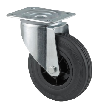 TENTE 3470PVR080P62 Roulette pivotante, Chape en acier embouti, Finition zinguée, Pivot sur double chemin de billes, Axe de roue boulonné, Joint de protection du pivot, Fixation à platine. Corps de roue polypropylène, Bandage: caoutchouc semi-élastique noir, roulements rouleaux