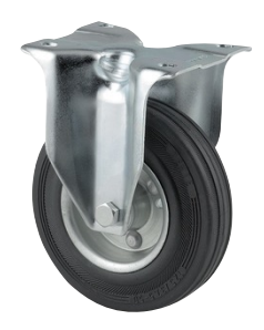 TENTE 3478DVR100P62 Roulette fixe, Chape en acier embouti zingué bleu, axe de roue boulonné., Fixation à platine. Corps de roue acier embouti, Bandage: caoutchouc semi-élastique noir, roulements rouleaux