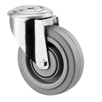 TENTE ALPHA 3470UFP125P30-13 Roulette pivotante, Chape en acier embouti, Finition zinguée, Pivot sur double chemin de billes, Axe de roue boulonné, Trou central. Corps de roue polyamide, Bandage caoutchouc élastique non tachant, roulements à billes de précision