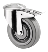TENTE ALPHA 3477UFP125P30-13 Roulette pivotante à blocage total suiveur, Chape en acier embouti, Finition zinguée, Pivot sur double chemin de billes, Axe de roue boulonné, Trou central. Corps de roue polyamide, Bandage caoutchouc élastique non tachant, roulements à billes de précision