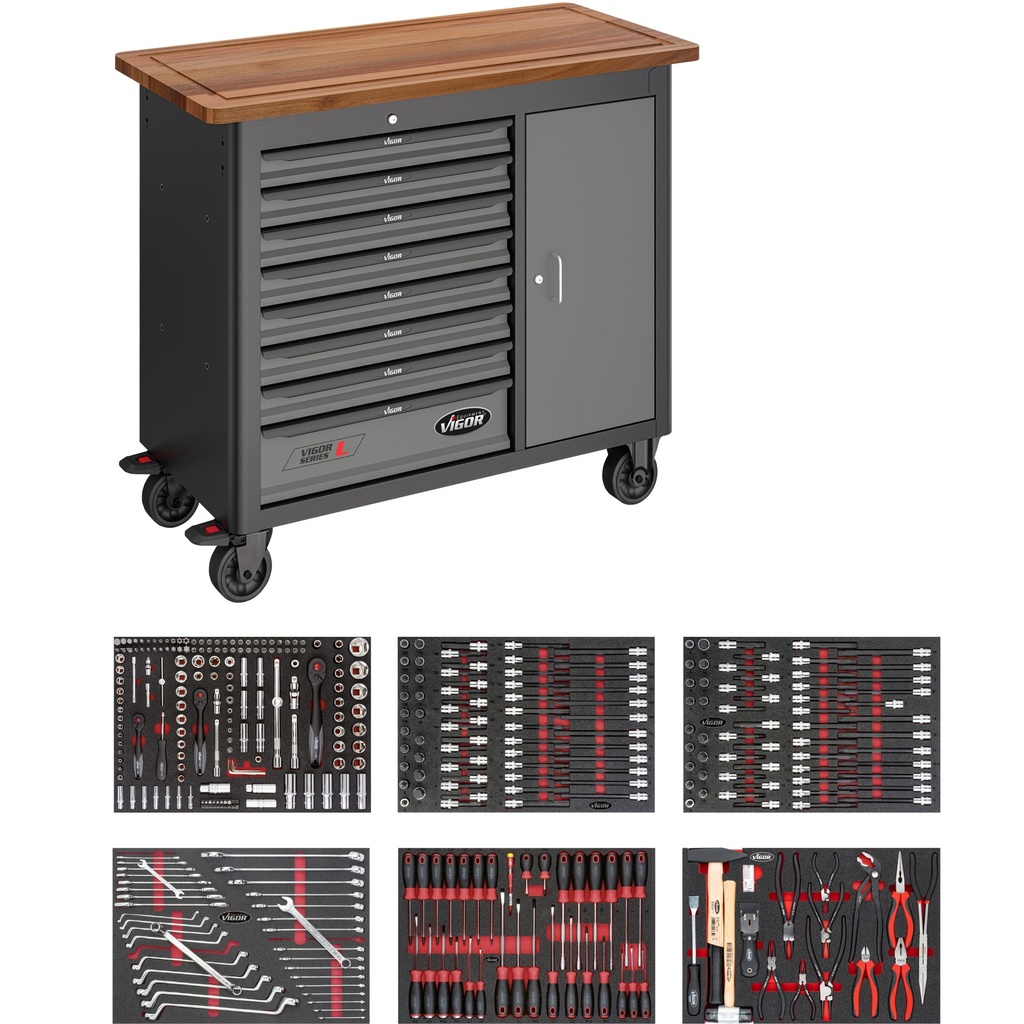 [V5158] VIGOR Établi mobile séries L ∙ avec assortiment ∙ V5158 ∙ 375 pièces ∙ Nombre d'outils : 375