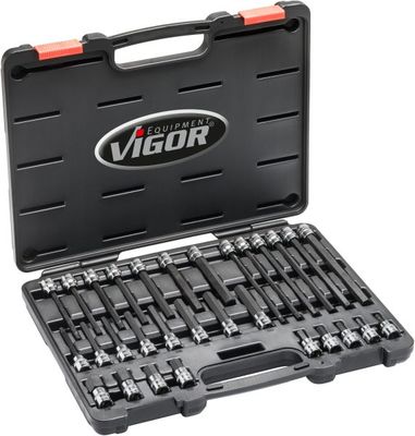 [V6019] [⚠Déstockage] VIGOR Jeu de douilles mâles à 6 pans intérieurs ∙ V6019 ∙ Carré creux 3/8 pouce (10 mm) ∙ Profil à 6 pans intérieurs ∙ 30 pièces ∙ 5 – 19 ∙ Nombre d'outils : 30