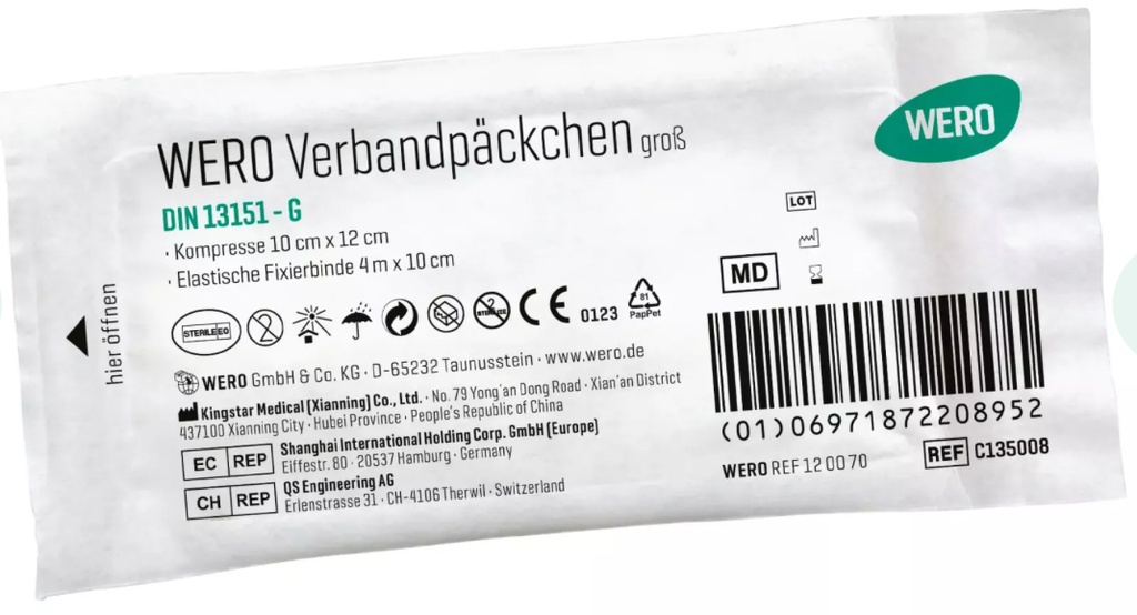 WERO Verbandpäckchen DIN 13151 G, steril Binde: 4 m x 10 cm Kompresse: 10 cm x 12 cm -Kompresse mit Spezialbeschichtung statt Aluminium (PIECE)