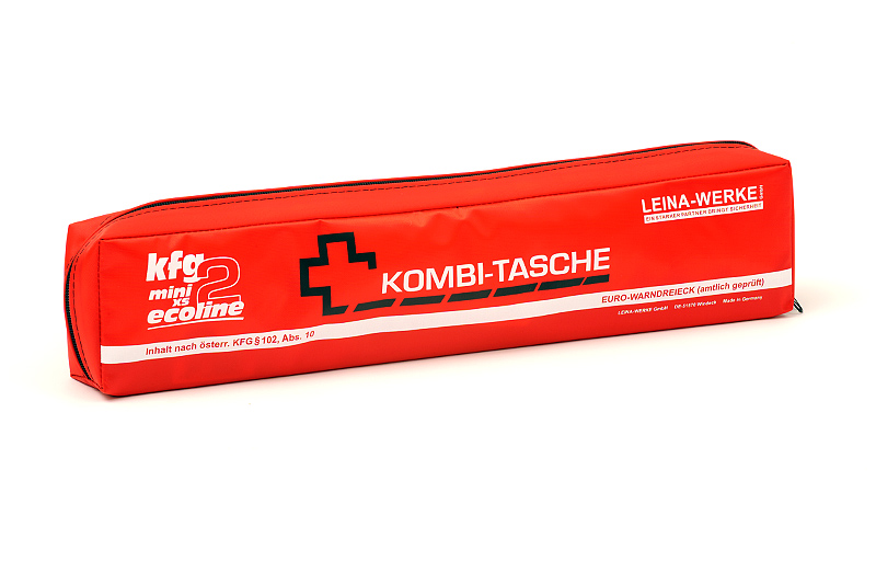 MINI-KOMBITASCHE M3 XS ROT - FÜLLUNG DIN 13164 - PANNENWARNDREIECK EURO MINI XS/SPIDER - WARNWESTE DIN EN ISO 20471 ABMESSUNGEN: 440x70x115 mm