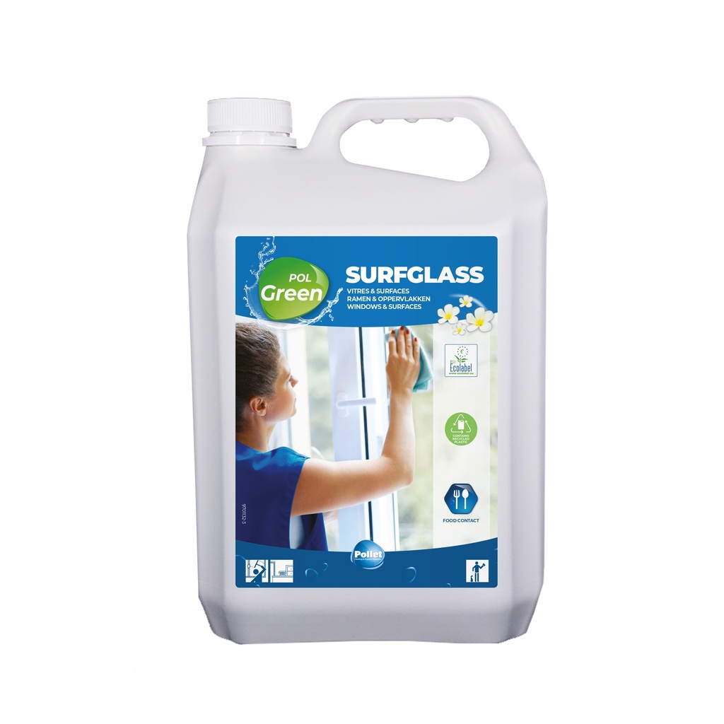 [8301058] POLGREEN SURFGLASS (5L) Nettoyant écologique agréablement parfumé pour le nettoyage des surfaces vitrées et autres surfaces lavables.