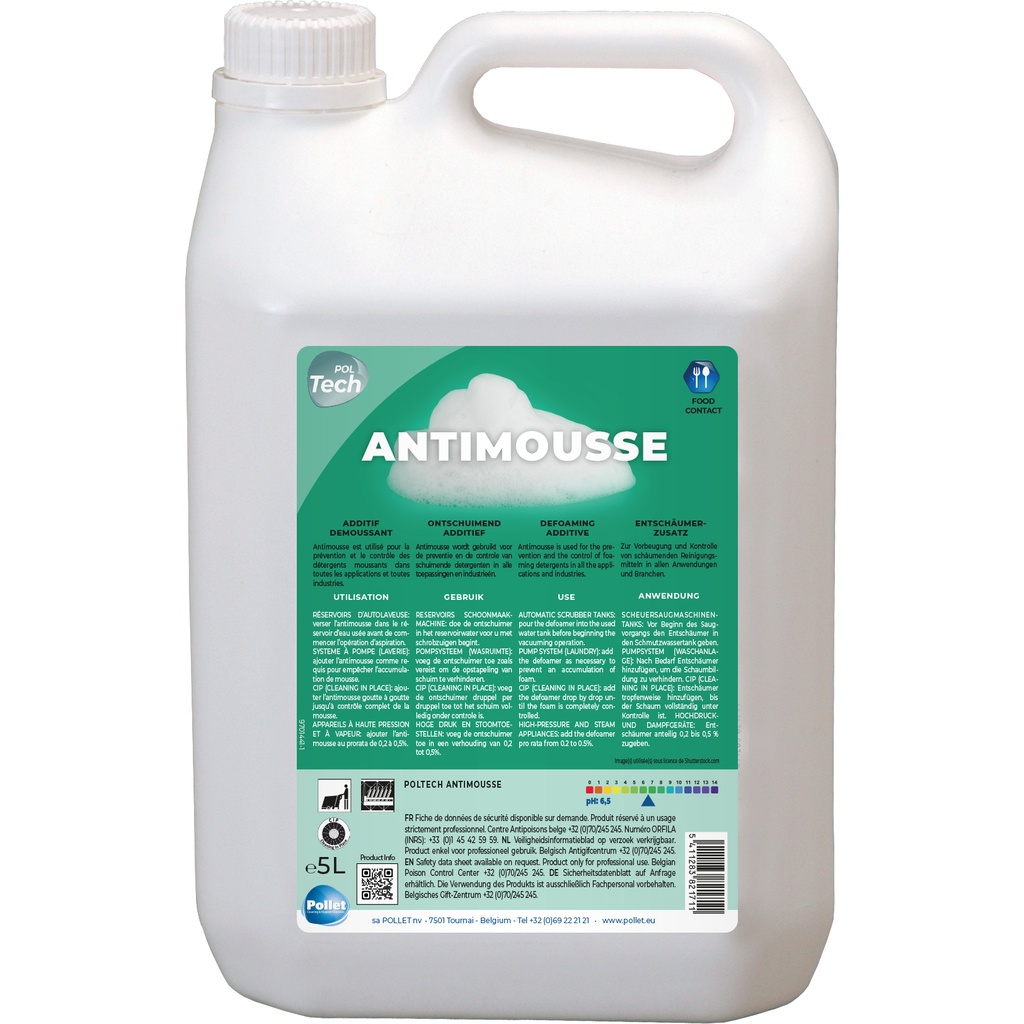 POLTECH ANTIMOUSSE (4 x 5L) Solution supprimant la mousse dans les bacs de laveuse et injection/extraction