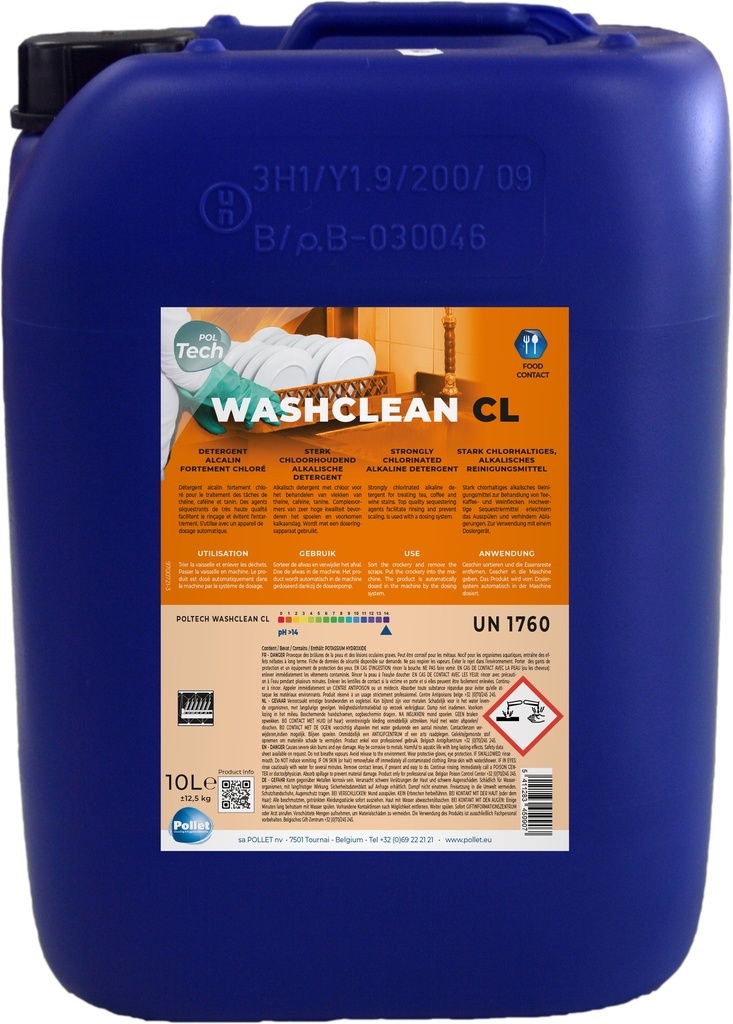 POLTECH WASHCLEAN CL (10L) Détergent de lavage lave vaisselle chloré 