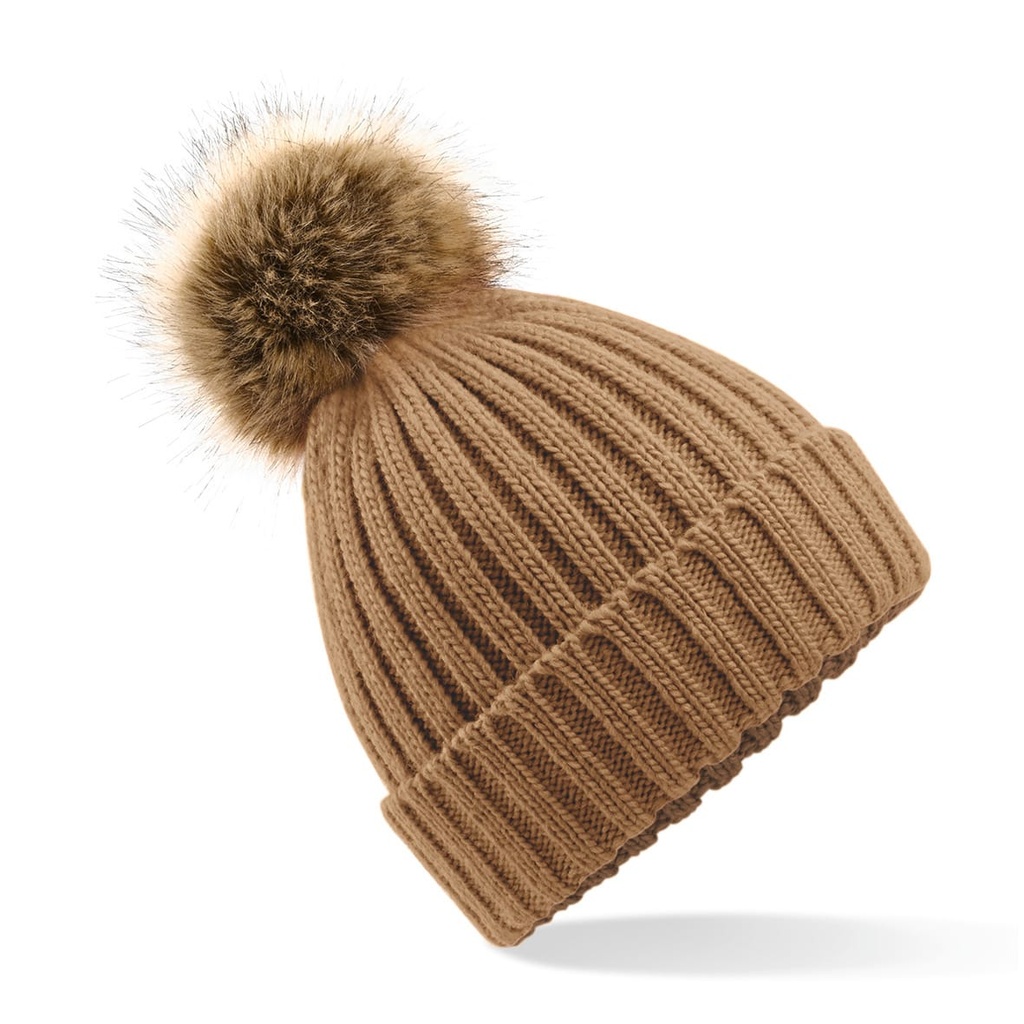 [B412-Oatmeal-OneSize] B412 - Bonnet epais avec pompon en fausse fourrure - Oatmeal