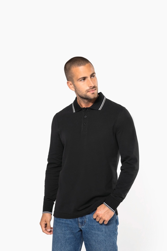 [K280-OxfordGrey_Navy_White-S] K280 - Polo maille piquée manches longues homme - OxfordGrey_Navy_White (S)