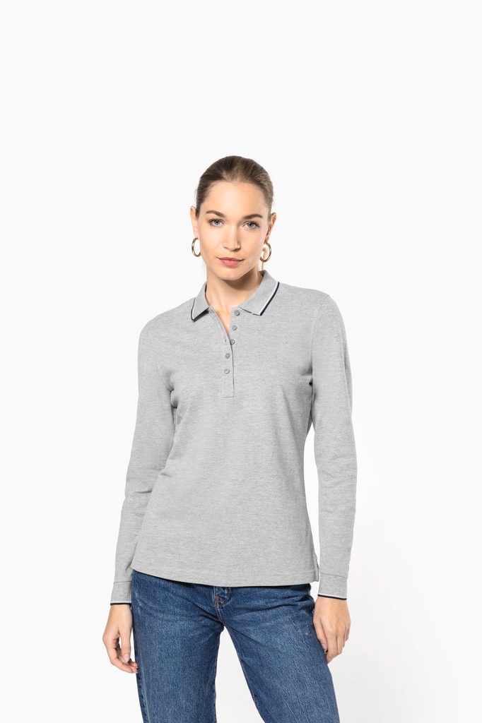 [K281-Black_Red_White-XS] K281 - Polo maille piquée manches longues femme - Black_Red_White (XS)