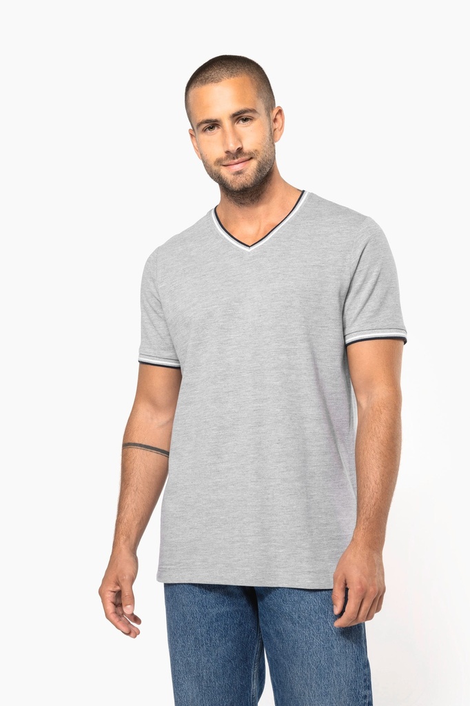 [K374-Black_LightGrey_White-S] K374 - T-shirt maille piquée col V homme - Black_LightGrey_White (S)