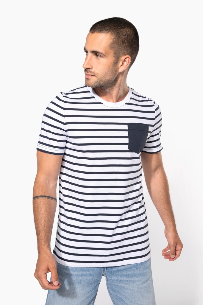 [K378-White_RedStripe-S] K378 - T-shirt rayé marin avec poche manches courtes homme - White_RedStripe (S)