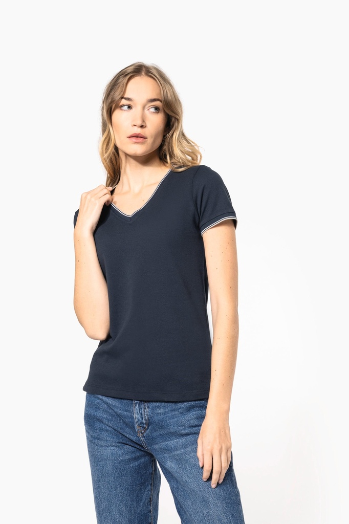 [K394-Navy_Red_White-XS] K394 - T-shirt maille piquée col V femme - Navy_Red_White (XS)
