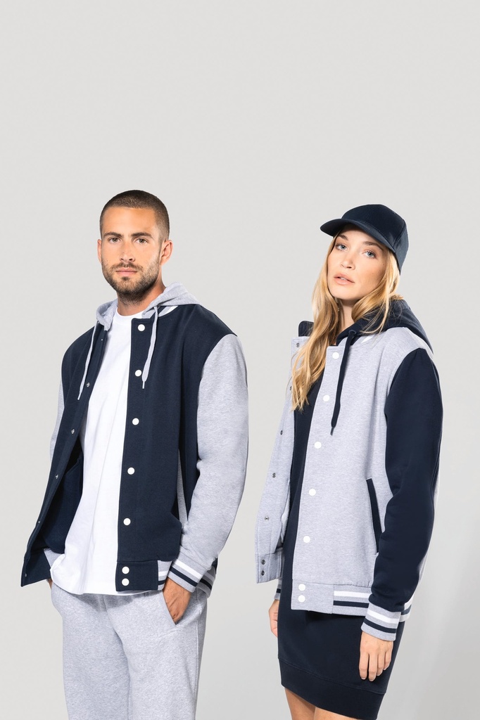 [K4003-Navy_OxfordGrey_White-XS] K4003 - Blouson Teddy à capuche Unisexe - Navy_OxfordGrey_White (XS)