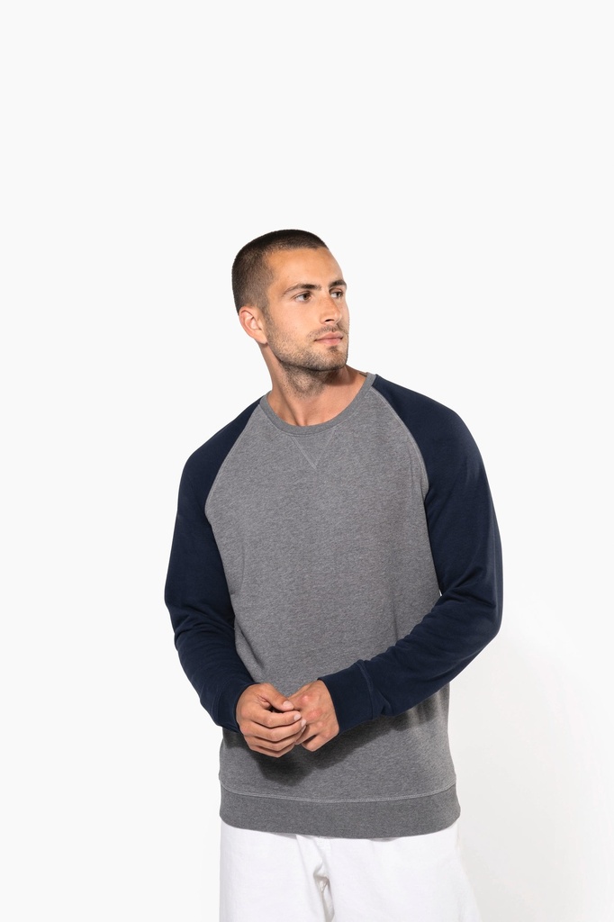 [K491-GreyHeather_Navy-S] K491 - Sweat-shirt French Terry Bio bicolore col rond manches raglan homme - GreyHeather_Navy (S)