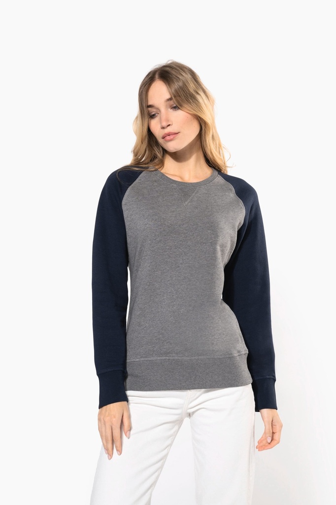 [K492-GreyHeather_Navy-XS] K492 - Sweat-shirt French Terry Bio bicolore col rond manches raglan femme - GreyHeather_Navy (XS)