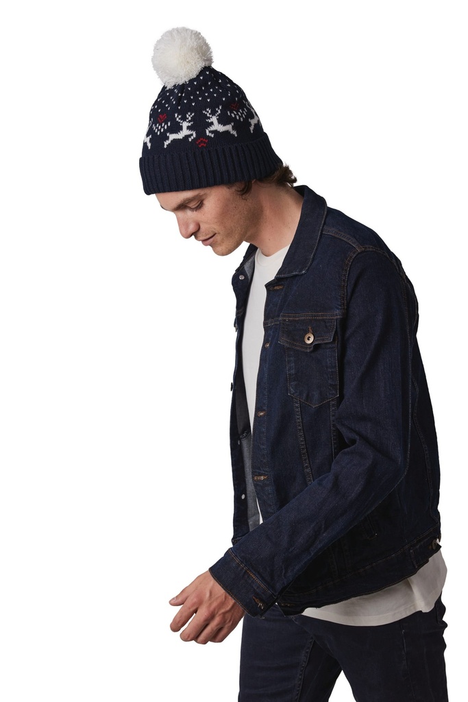 [KP512-CherryRed_Natural-OneSize] KP512 - Bonnet de Noël motifs rennes - CherryRed_Natural
