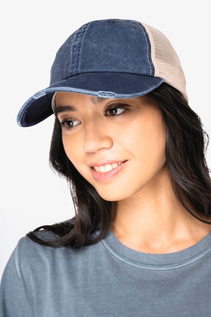 [NS027-WashedNavyBlue_Beige-OneSize] NS027 - Casquette trucker écoresponsable  effet déchiré unisexe - WashedNavyBlue_Beige