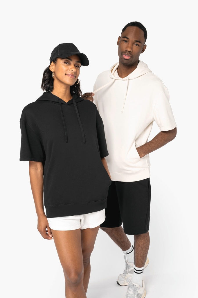 [NS406-Black-XS] NS406 - Sweat-shirt écoresponsable à capuche à épaules tombantes manches courtes French Terry unisexe - Black (XS)