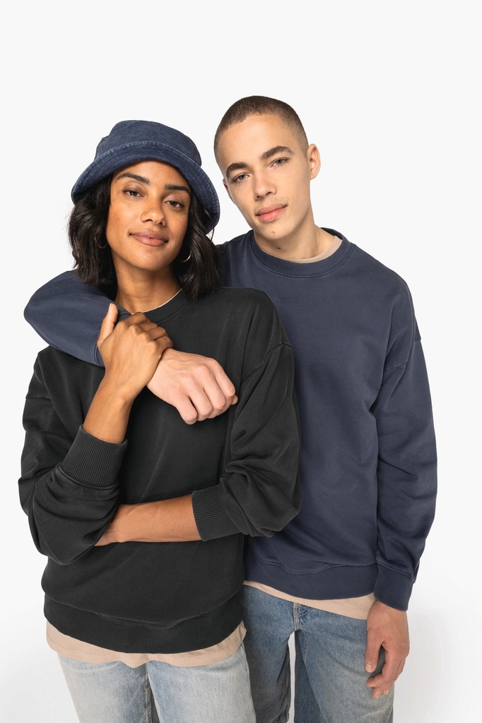 [NS447-WashedNavyBlue-XS] NS447 - Sweat-shirt écoresponsable à col rond délavé oversize unisexe - WashedNavyBlue (XS)