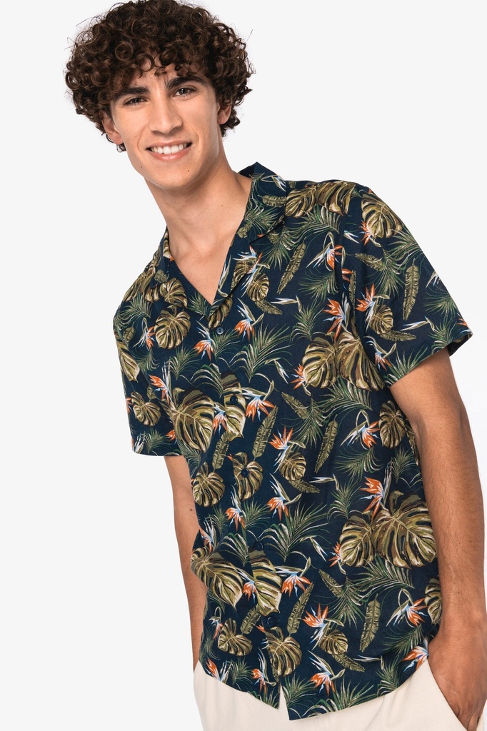 [NS529-NavyParadiseBird-XS] NS529 - Chemise écoresponsable imprimé hawaïen homme  - NavyParadiseBird (XS)