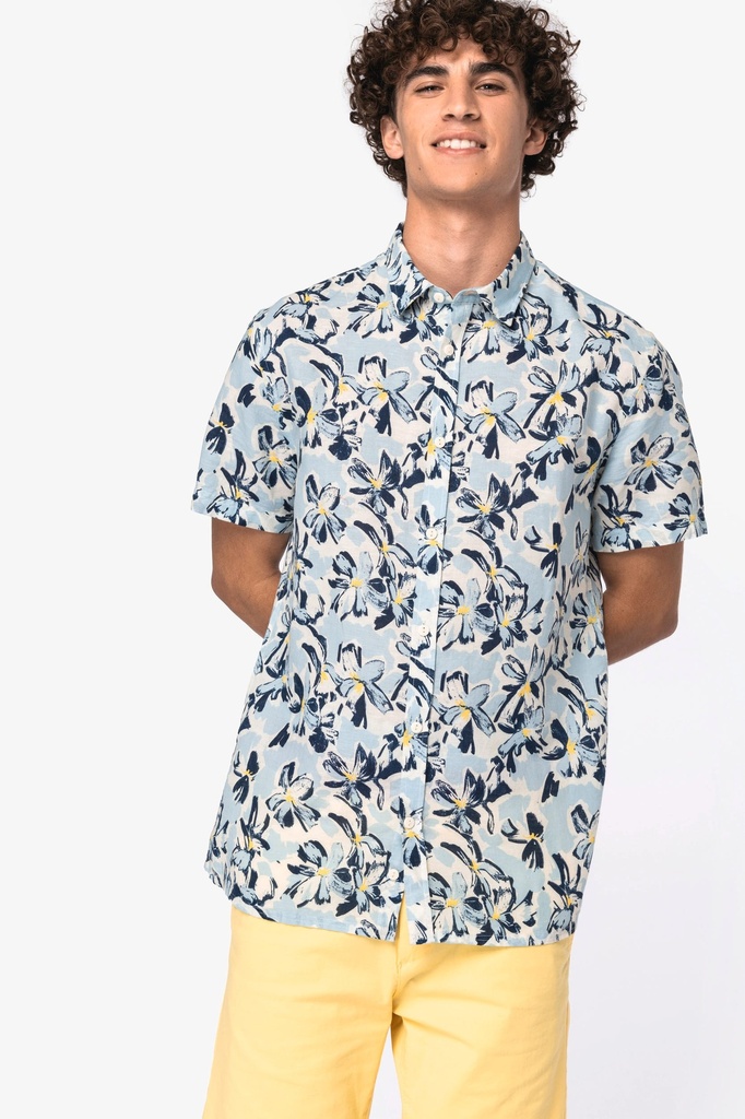[NS530-IvoryPalmLeaves-XS] NS530 - Chemise écoresponsable imprimé végétal homme  - IvoryPalmLeaves (XS)
