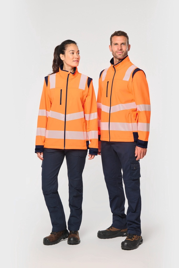[WK460-HiVizOrange_Navy-XS] WK460 - Veste softshell de sécurité recyclée avec manches détachables unisexe - HiVizOrange_Navy (XS)