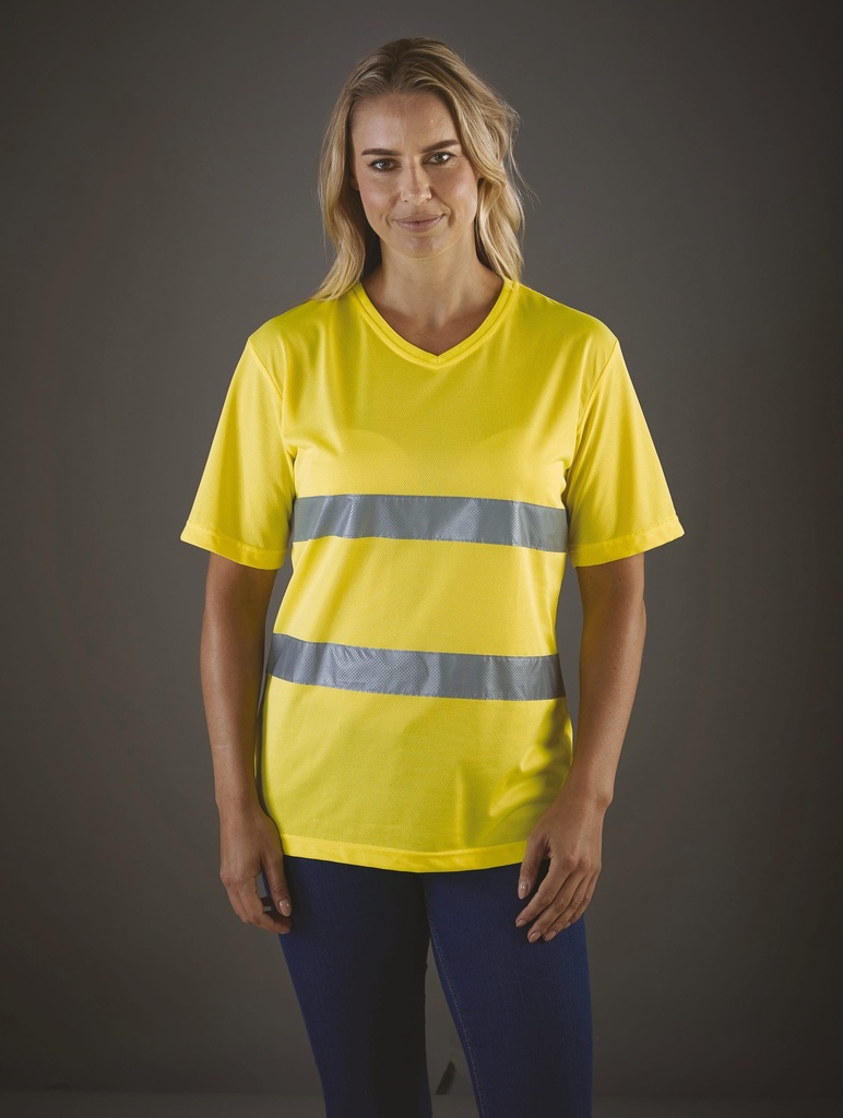 [YHVJ910-HiVisOrange_Navy-S] YHVJ910 - T-shirt col V haute visibilité Top Cool - HiVisOrange_Navy (S)