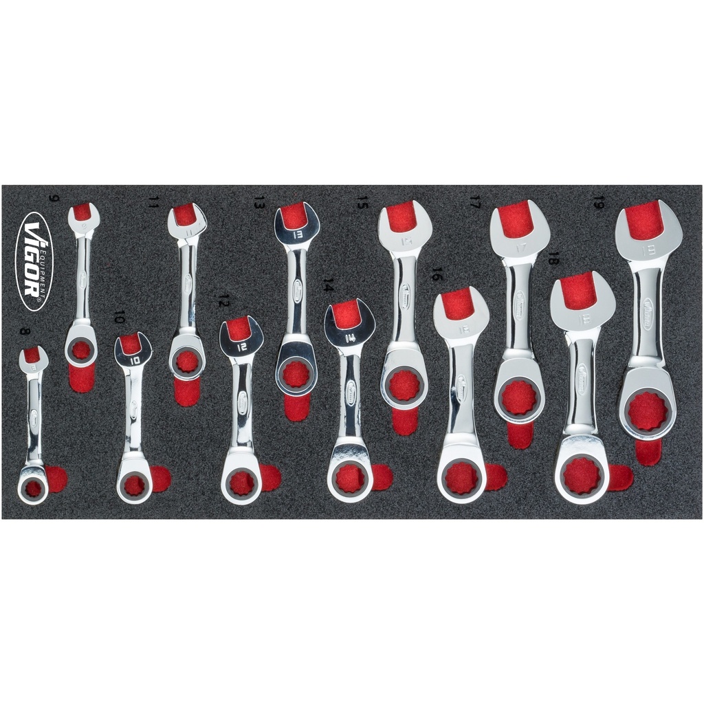 [V5075] VIGOR Jeu de clés mixtes à cliquet ∙ courtes ∙ V5075 ∙ Profil à 6 pans extérieurs, Profil à 12 pans extérieurs ∙ 12 pièces ∙ 8 – 19 ∙ Nombre d'outils : 12