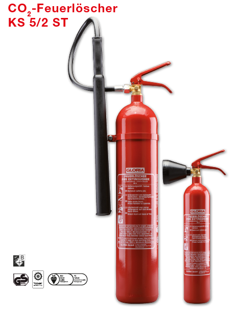 [002041.0000] GLORIA FEUERLOESCHER / EXTINCTEUR CO2 KS 2KG ST / CLASS B 34B 2LE  3 m ca. 8,5 Sek. -30°C - +60°C 6,5 kg 590/250/104 mm
